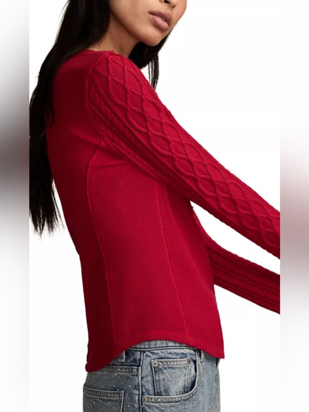 Lucky Brand Red Long-Sleeve Henley with Cable Sleeves *GREAT USED CONDITION* - Picture 2 of 10